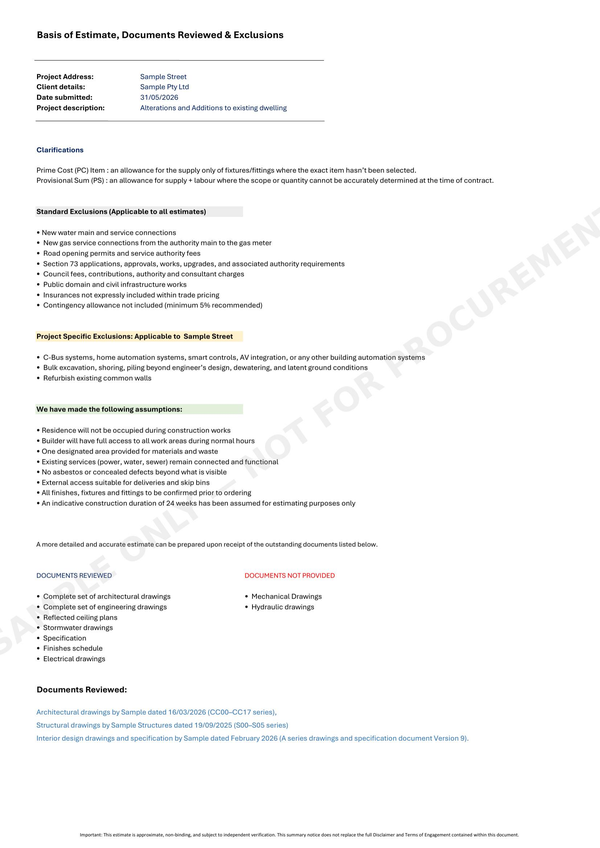 Sample estimate — first page